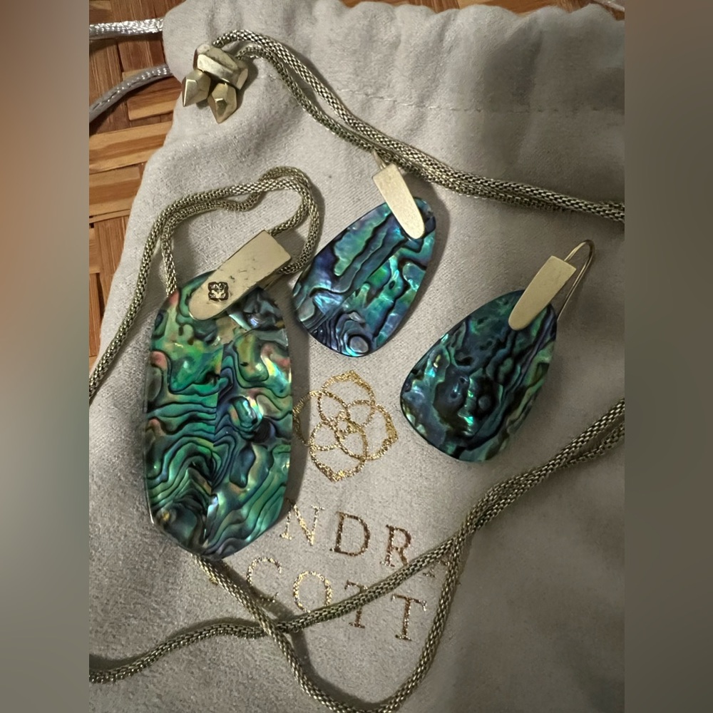 Kendra Scott Marty Drop Earrings & Adjustable Necklace Abalone Shell Silver Tone